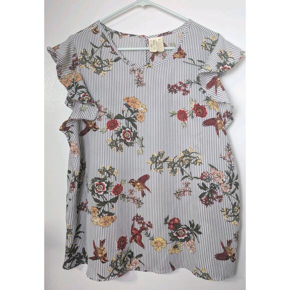 Midnight Sky Floral Sleeveless Blouse Striped Floral Birds XL Ruffle Cap Sleeve - Picture 1 of 9